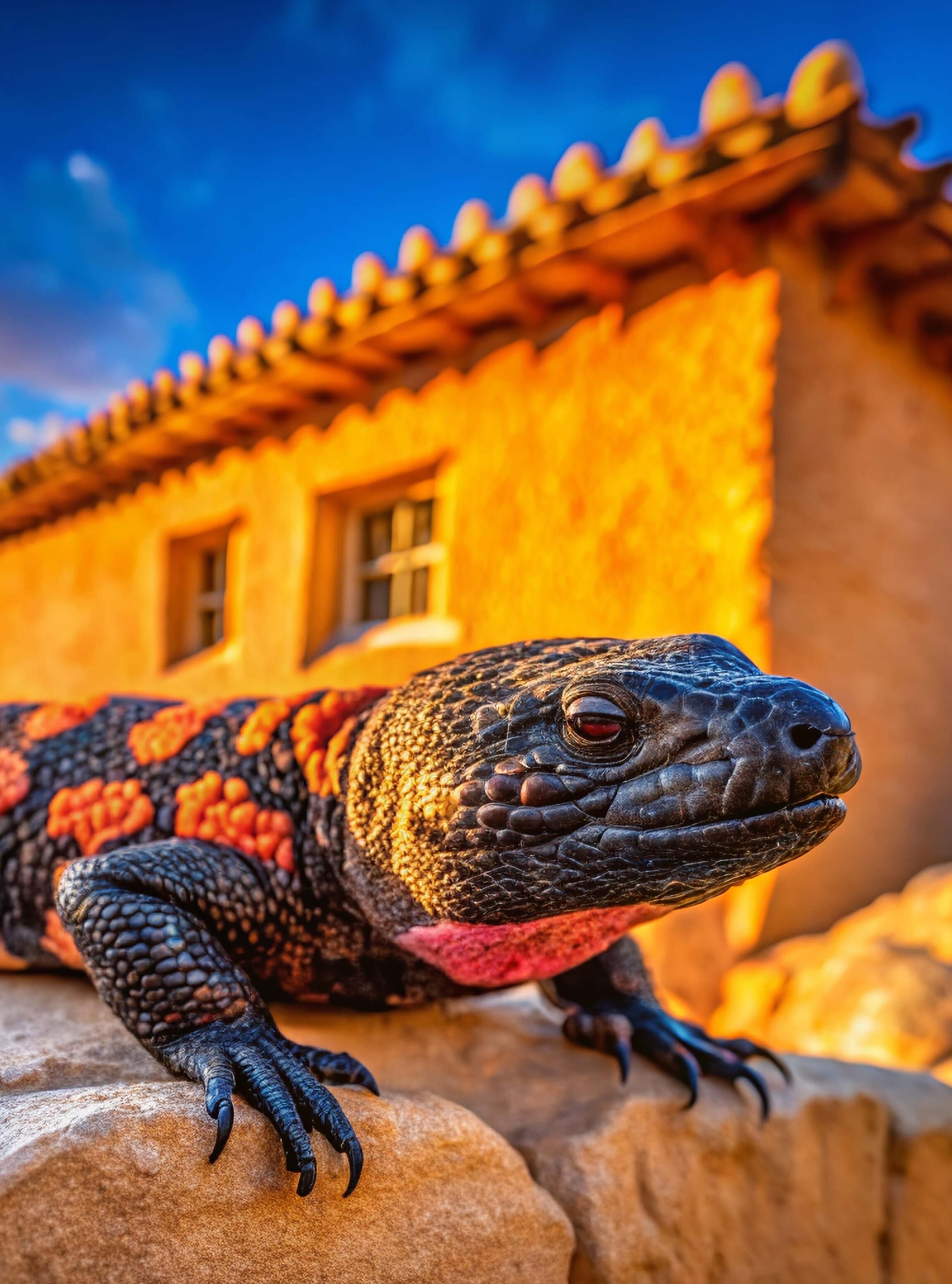 Gila Monster in Southwestern Desert Architecture Background - Stock Photo